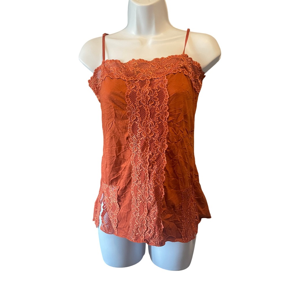 Lily White Women Y2K Coquette Crinkle Lace Trim Cami L Rust Fairy Earthy Boho